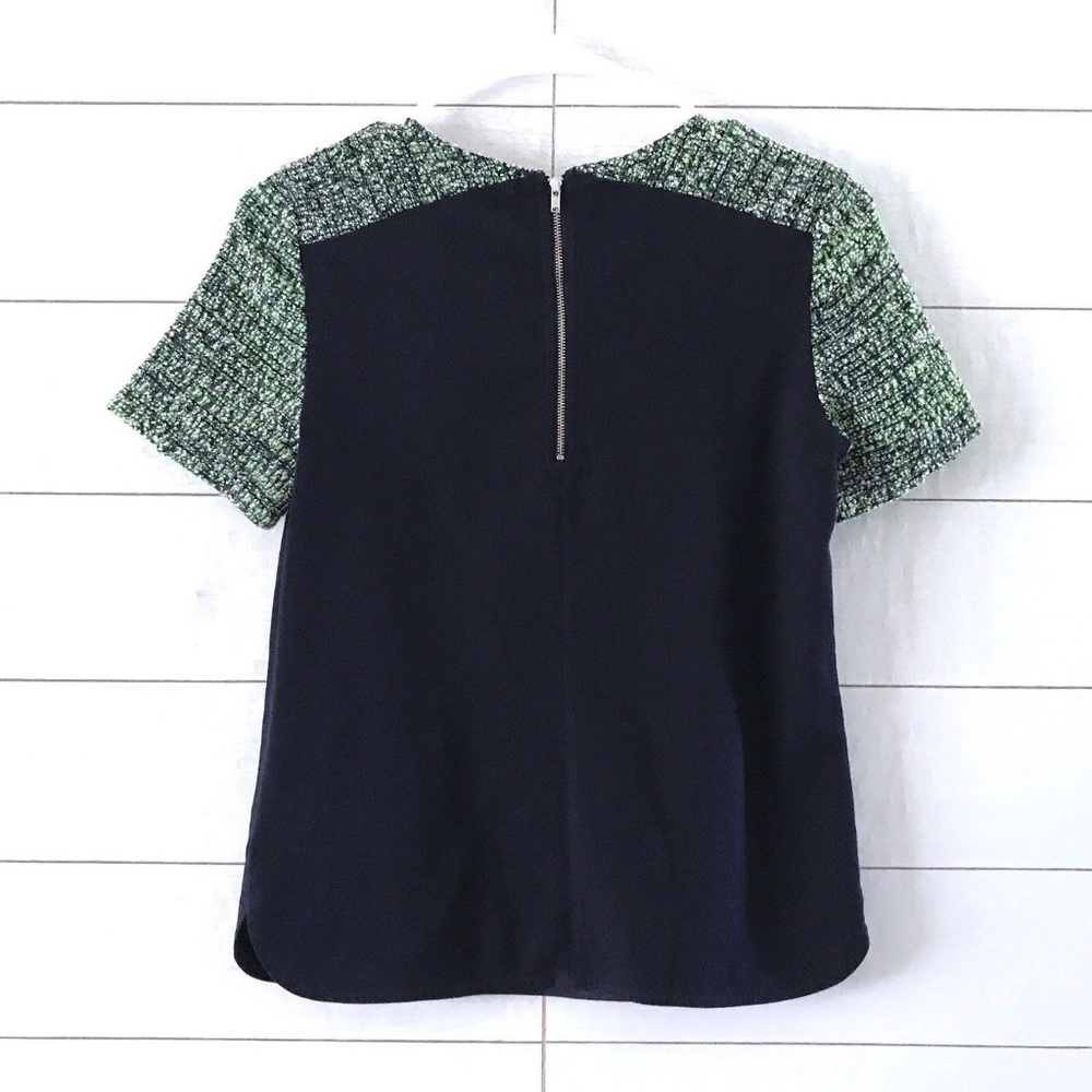 J.Crew Navy Blue Green White Tweed Sleeve Top - Picture 6 of 8